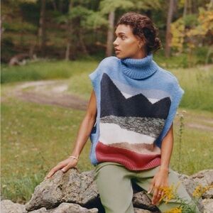 Anthropologie Blue and Red Turtleneck Poncho